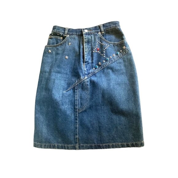 Freego vintage denim straight skirt embellished 26 waist 34 hip 22' long - Picture 1 of 7